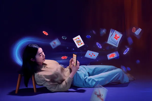 SPINARAA App — Enjoy seamless gaming on your smartphone A young woman relaxing with her phone while dynamic casino elements float around her, illustrating the smooth mobile experience offered by the SPINARAA app.