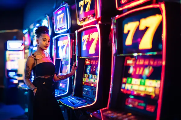 SPINARAA Slots — Thousands of exciting themes and jackpots A stylish woman beside vibrant slot machines displaying glowing sevens, showcasing the variety of top slots at SPINARAA.