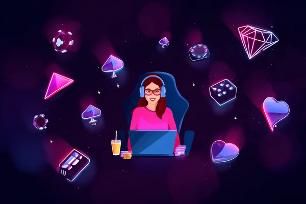 A woman smiling while playing online games on her laptop, surrounded by neon casino elements, showcasing SPINARAA’s diverse game collection.